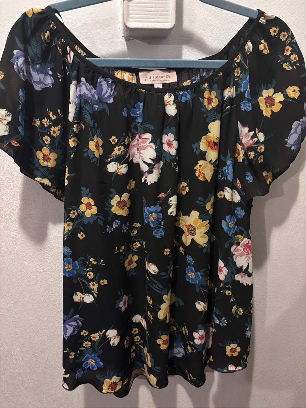 Philosophy Black Floral Off-Shoulder Blouse with Yellow, Blue & Pink Blooms
